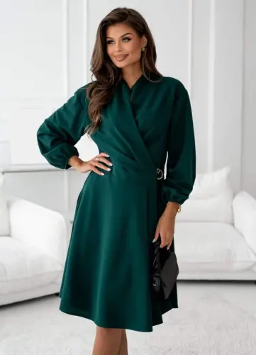 Kadın Uzun Kollu Hakim V Yakalı Yandan Toka Detaylı Ithal Mini Krep Elbise - 1