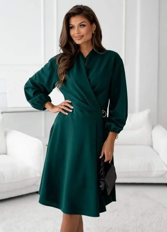 Kadın Uzun Kollu Hakim V Yakalı Yandan Toka Detaylı Ithal Mini Krep Elbise - 1