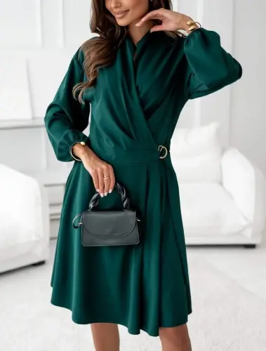 Kadın Uzun Kollu Hakim V Yakalı Yandan Toka Detaylı Ithal Mini Krep Elbise - 3