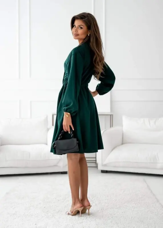 Kadın Uzun Kollu Hakim V Yakalı Yandan Toka Detaylı Ithal Mini Krep Elbise - 4