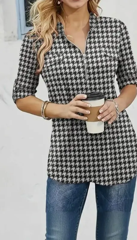 Kadın Uzun Kollu Hakim Yaka Yakadan Fermuarlı Geometrik Desenli Süprem Bluz - 1