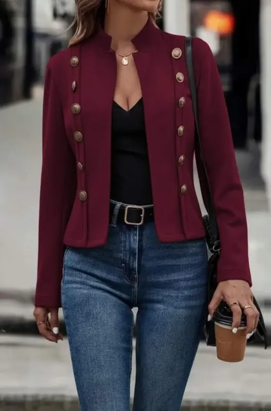 Kadın Uzun Kollu Hakim Yaka Yanlardan Düğmeli Kısa Süet Ceket - 3