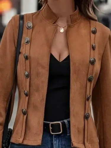 Kadın Uzun Kollu Hakim Yaka Yanlardan Düğmeli Kısa Süet Ceket - BÜYÜKBEDENIZ (1)