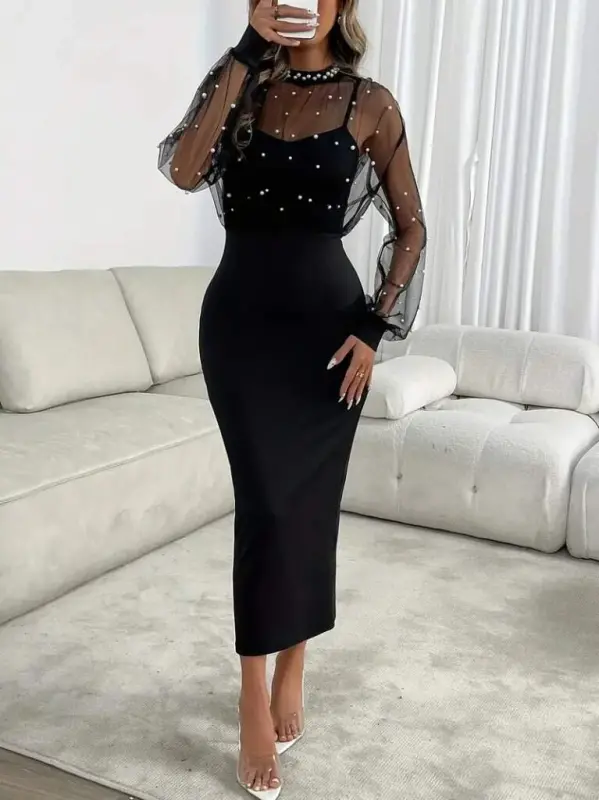 Kadın Uzun Kollu Halka Yaka Tül Inci Detaylı Uzun Ithal Krep Elbise - 1