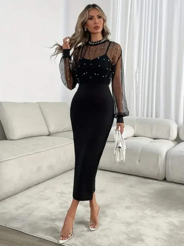 Kadın Uzun Kollu Halka Yaka Tül Inci Detaylı Uzun Ithal Krep Elbise - 2