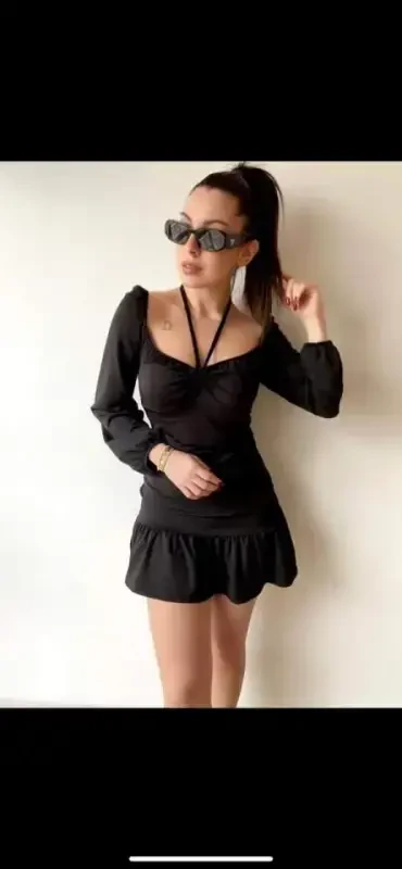 Kadın Uzun Kollu Halter Yaka Detay Mini Elbise - 1