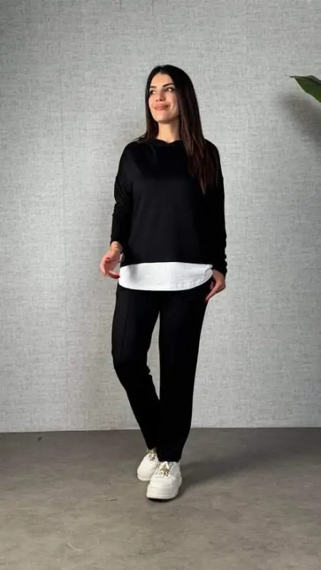 Kadın Uzun Kollu Kapşonlu Bağcıklı Viskon Iki Iplik Bluz Ve Pantolon Ikili Takım - 1