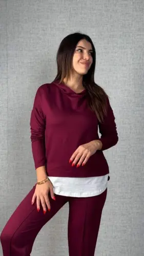 Kadın Uzun Kollu Kapşonlu Bağcıklı Viskon Iki Iplik Bluz Ve Pantolon Ikili Takım - 2