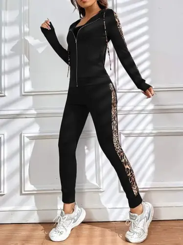 Kadın Uzun Kollu Kapşonlu Fermuarlı Bağcıklı Viskon Iki Iplik Bluz Ve Pantolon Tayt - 3