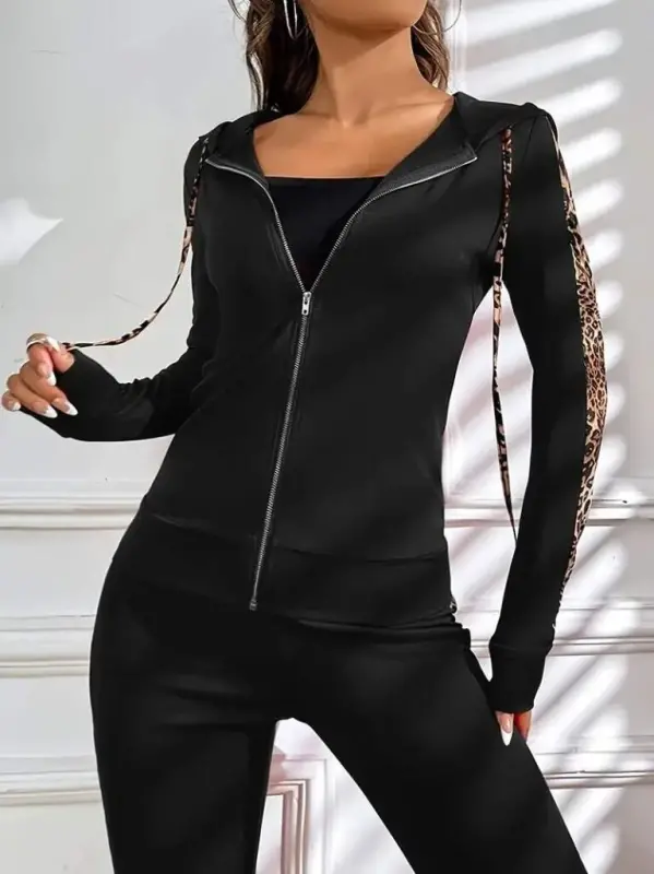 Kadın Uzun Kollu Kapşonlu Fermuarlı Bağcıklı Viskon Iki Iplik Bluz Ve Pantolon Tayt - 4