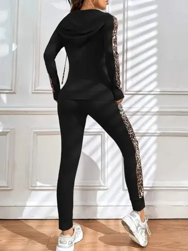 Kadın Uzun Kollu Kapşonlu Fermuarlı Bağcıklı Viskon Iki Iplik Bluz Ve Pantolon Tayt - 5