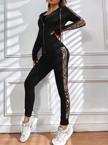 Kadın Uzun Kollu Kapşonlu Fermuarlı Bağcıklı Viskon Iki Iplik Bluz Ve Pantolon Tayt - BÜYÜKBEDENIZ (1)