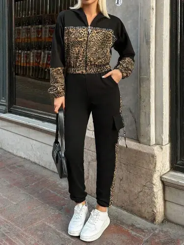 Kadın Uzun Kollu Kapşonlu Leopar Desenli Viskon Iki Iplik Bluz Ve Pantolon Ikili Takım - 3