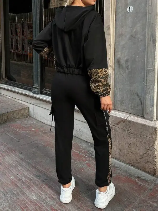 Kadın Uzun Kollu Kapşonlu Leopar Desenli Viskon Iki Iplik Bluz Ve Pantolon Ikili Takım - 5