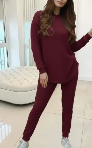 Kadın Uzun Kollu Kapşonlu Meloni Bluz Ve Pantolon Ikili Takım - 3