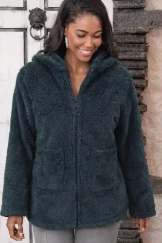 Kadın Uzun Kollu Kapşonlu önden Fermuarlı Cepli Welsoft Ceket - BÜYÜKBEDENIZ (1)