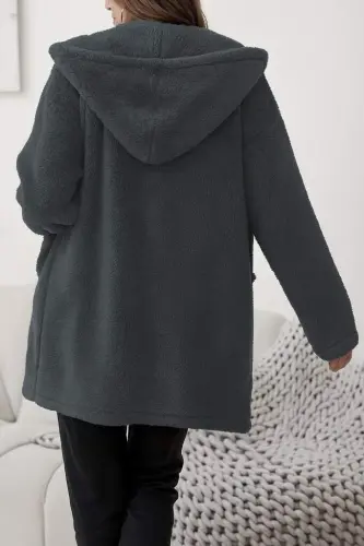 Kadın Uzun Kollu Kapşonlu önden Fermuarlı Cepli Welsoft Ceket - 3