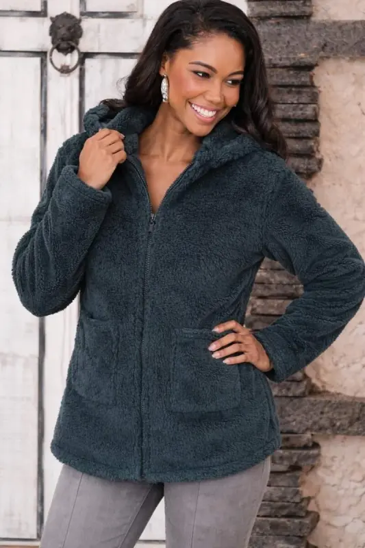 Kadın Uzun Kollu Kapşonlu önden Fermuarlı Cepli Welsoft Ceket - BÜYÜKBEDENIZ