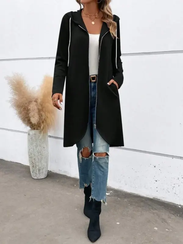 Kadın Uzun Kollu Kapşonlu önden Fermuarlı Midi Dalgıç Ceket - 3