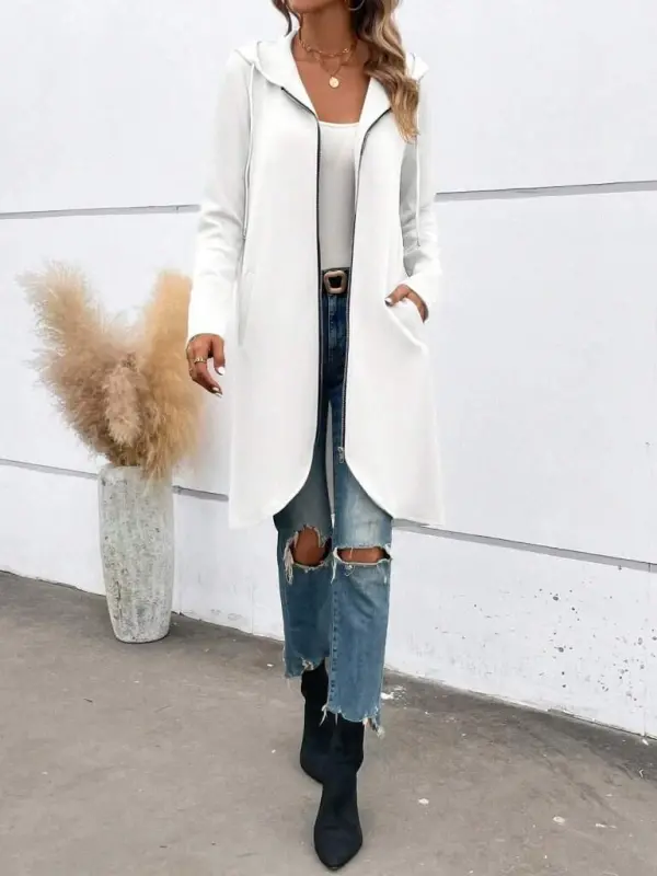 Kadın Uzun Kollu Kapşonlu önden Fermuarlı Midi Dalgıç Ceket - 2