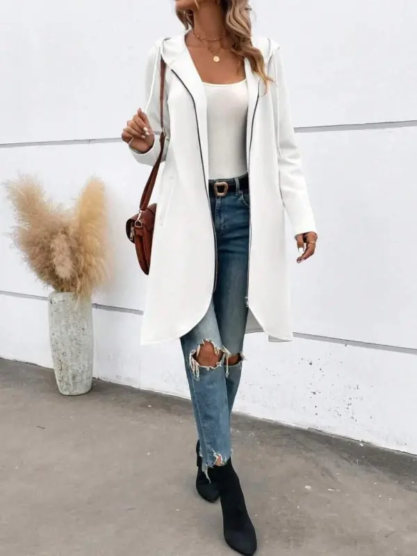 Kadın Uzun Kollu Kapşonlu önden Fermuarlı Midi Dalgıç Ceket - 3