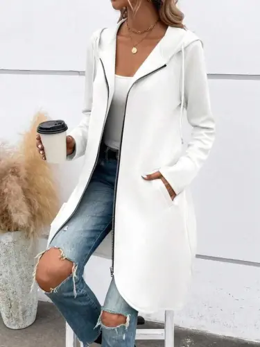 Kadın Uzun Kollu Kapşonlu önden Fermuarlı Midi Dalgıç Ceket - 1