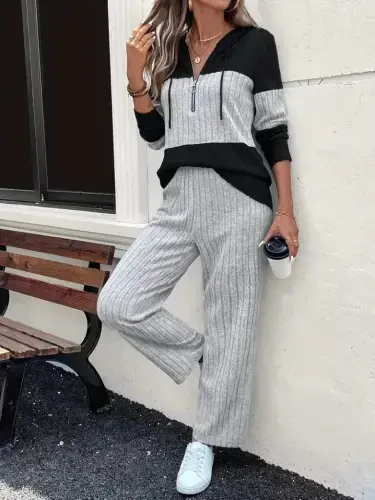 Kadın Uzun Kollu Kapşonlu önden Fermuarlı şardonlu Kaşkorse Bluz Ve Pantolon - 1