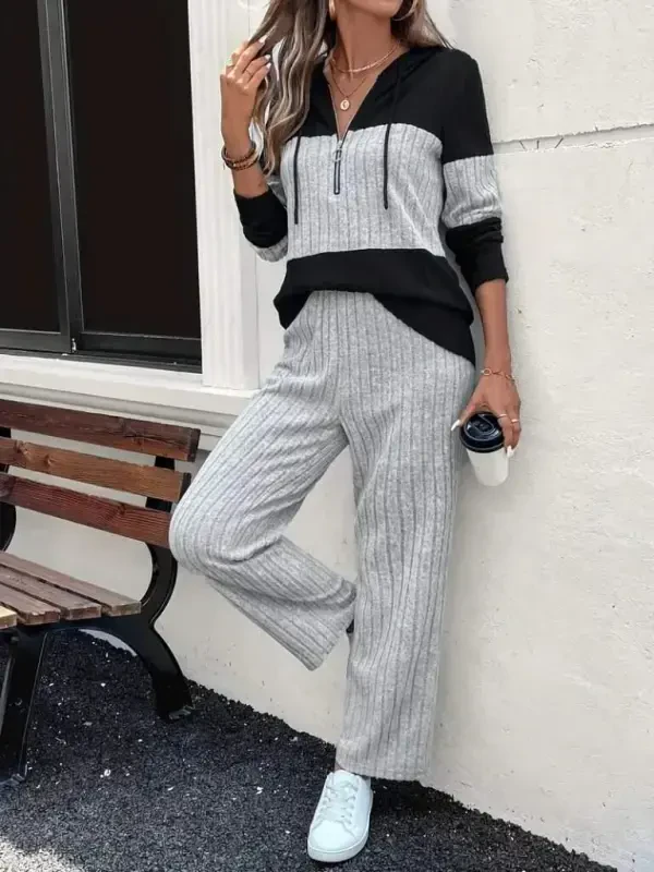 Kadın Uzun Kollu Kapşonlu önden Fermuarlı şardonlu Kaşkorse Bluz Ve Pantolon - 1