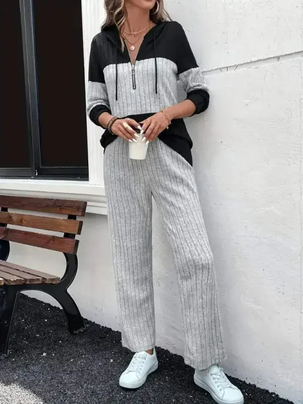 Kadın Uzun Kollu Kapşonlu önden Fermuarlı şardonlu Kaşkorse Bluz Ve Pantolon - 2