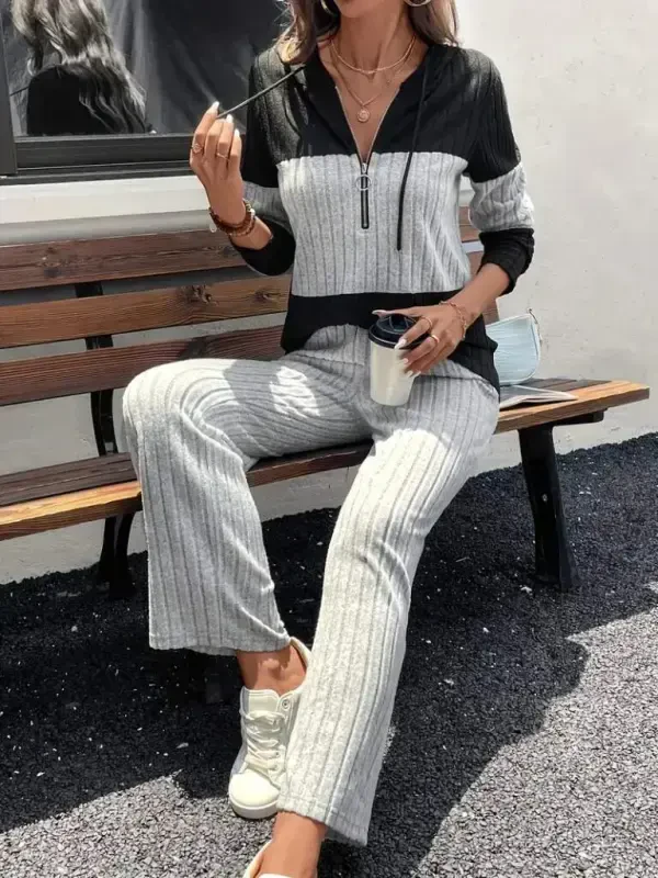 Kadın Uzun Kollu Kapşonlu önden Fermuarlı şardonlu Kaşkorse Bluz Ve Pantolon - 3