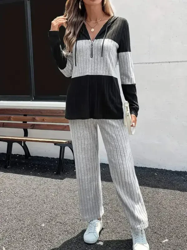 Kadın Uzun Kollu Kapşonlu önden Fermuarlı şardonlu Kaşkorse Bluz Ve Pantolon - 4