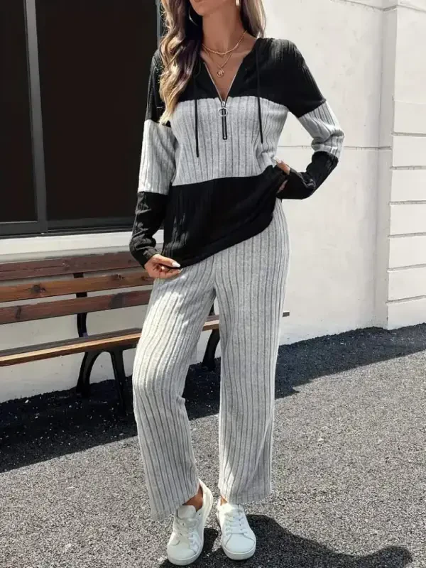 Kadın Uzun Kollu Kapşonlu önden Fermuarlı şardonlu Kaşkorse Bluz Ve Pantolon - 5