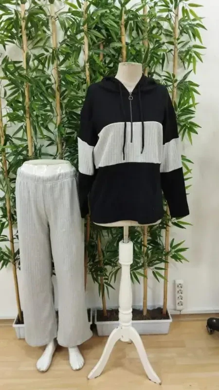 Kadın Uzun Kollu Kapşonlu önden Fermuarlı şardonlu Kaşkorse Bluz Ve Pantolon - 7