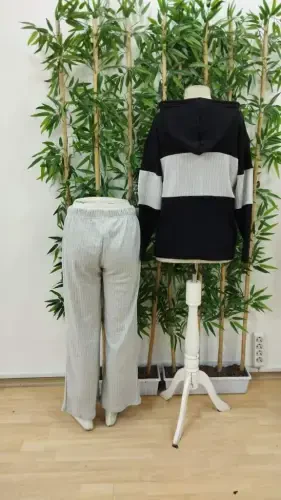 Kadın Uzun Kollu Kapşonlu önden Fermuarlı şardonlu Kaşkorse Bluz Ve Pantolon - 8