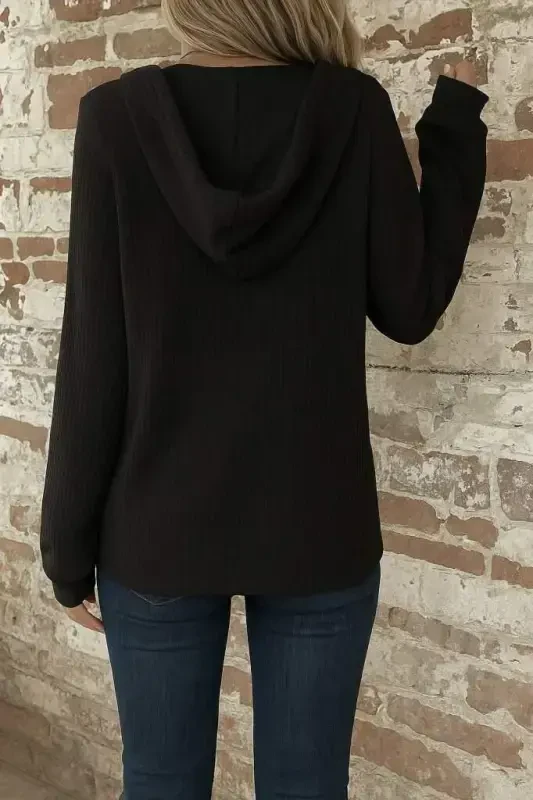 Kadın Uzun Kollu Kapşonlu önü Düğmeli Ve Bağcıklı Waffle Bluz - 2