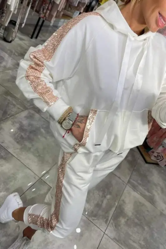 Kadın Uzun Kollu Kapşonlu Pulpayet Detay Viskon Iki Iplik Bluz Ve Pantolon Ikili Takım - 2