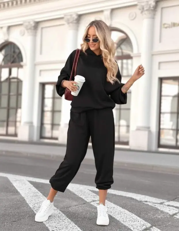 Kadın Uzun Kollu Kapşonlu Viskon Iki Iplik Bluz Ve Pantolon Ikili Takım - BÜYÜKBEDENIZ