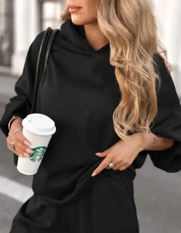 Kadın Uzun Kollu Kapşonlu Viskon Iki Iplik Bluz Ve Pantolon Ikili Takım - 2