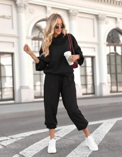 Kadın Uzun Kollu Kapşonlu Viskon Iki Iplik Bluz Ve Pantolon Ikili Takım - 3