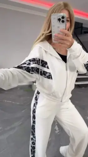 Kadın Uzun Kollu Kapşonlu önü Fermuarlı Leopar Desenli Modal Bluz Ve Pantolon Ikili Takım - 2