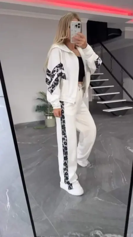 Kadın Uzun Kollu Kapşonlu önü Fermuarlı Leopar Desenli Modal Bluz Ve Pantolon Ikili Takım - 3