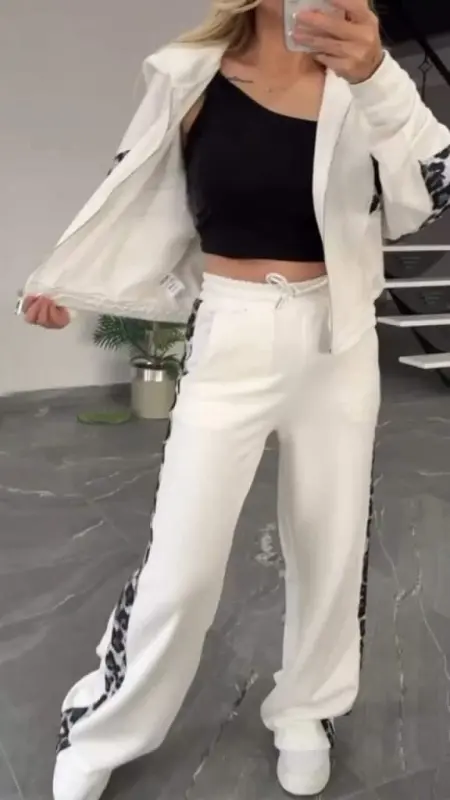 Kadın Uzun Kollu Kapşonlu önü Fermuarlı Leopar Desenli Modal Bluz Ve Pantolon Ikili Takım - 5