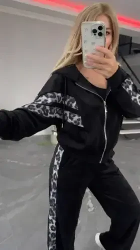 Kadın Uzun Kollu Kapşonlu önü Fermuarlı Leopar Desenli Modal Bluz Ve Pantolon Ikili Takım - 2