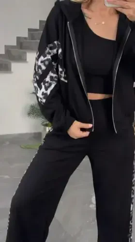 Kadın Uzun Kollu Kapşonlu önü Fermuarlı Leopar Desenli Modal Bluz Ve Pantolon Ikili Takım - 3