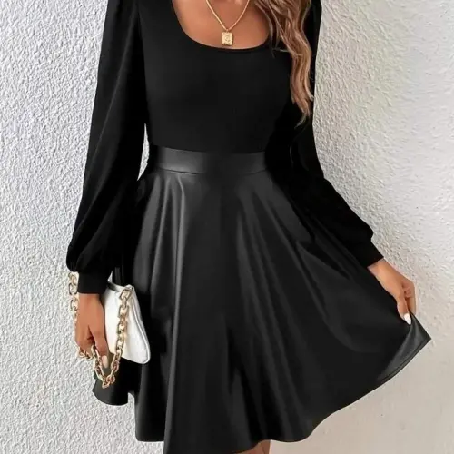 Kadın Uzun Kollu Kare Yaka üst Viskon Alt Deri Mini Elbise - BÜYÜKBEDENIZ (1)