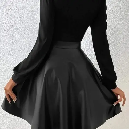 Kadın Uzun Kollu Kare Yaka üst Viskon Alt Deri Mini Elbise - 3