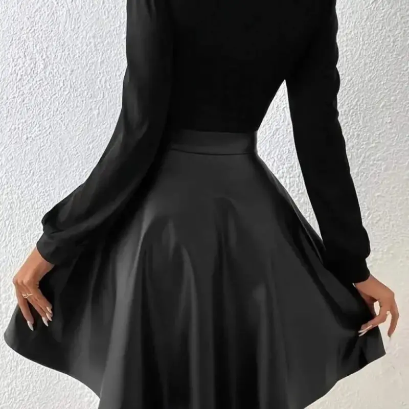 Kadın Uzun Kollu Kare Yaka üst Viskon Alt Deri Mini Elbise - 3