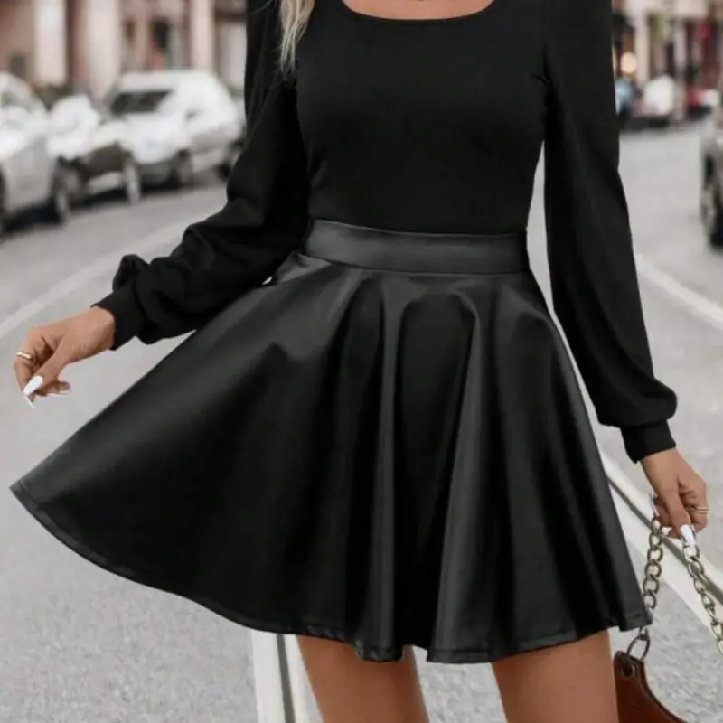 Kadın Uzun Kollu Kare Yaka üst Viskon Alt Deri Mini Elbise - 4