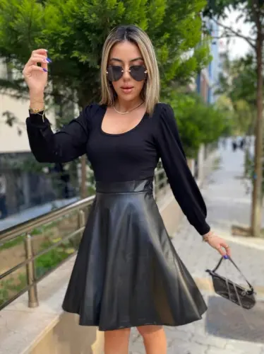 Kadın Uzun Kollu Kare Yaka üst Viskon Alt Deri Mini Elbise - 9