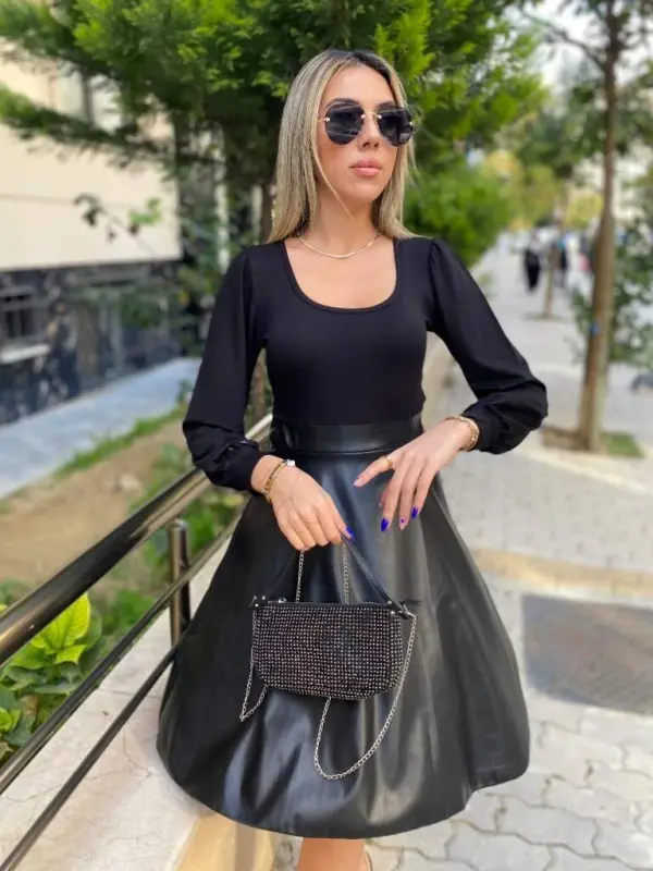 Kadın Uzun Kollu Kare Yaka üst Viskon Alt Deri Mini Elbise - 11